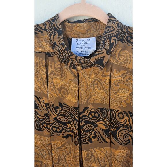 Vintage Francesca of Damon Dress Womens Size 14 Silk Gold Black Pleated Tie 80s - Picture 3 of 11